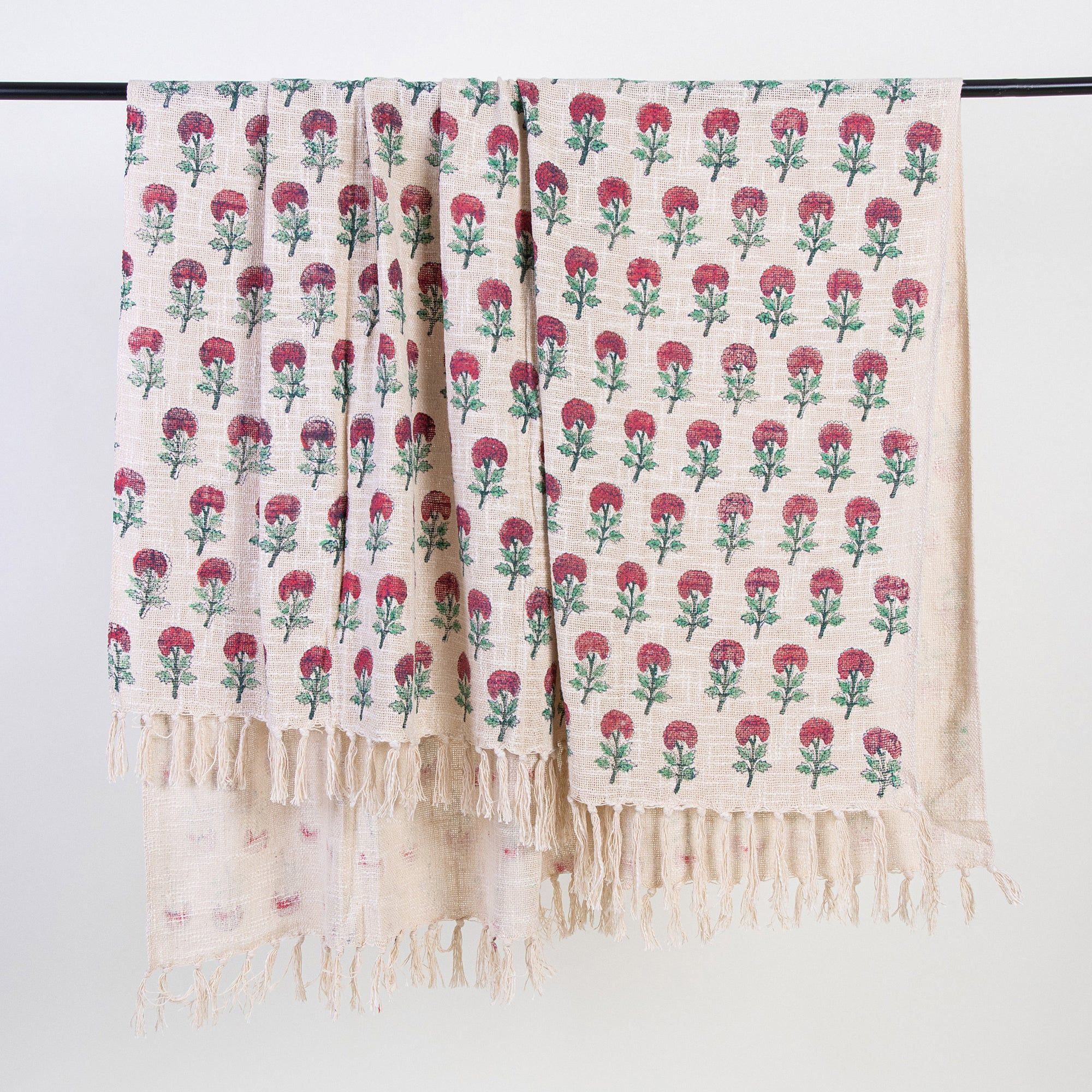Red Rose Floral Print Pure Cotton Hand Block Throw Blankets For Home Decor